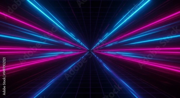 Obraz Neon glow lines converging on grid pattern. Blue and pink light streaks to center point