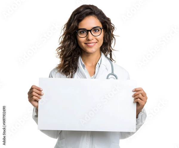 Obraz A smiling female doctor in glasses, holding a blank sign for your custom message.