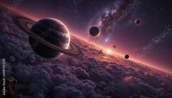 Fototapeta Majestic planets orbiting in vibrant cosmic space with colorful clouds  
