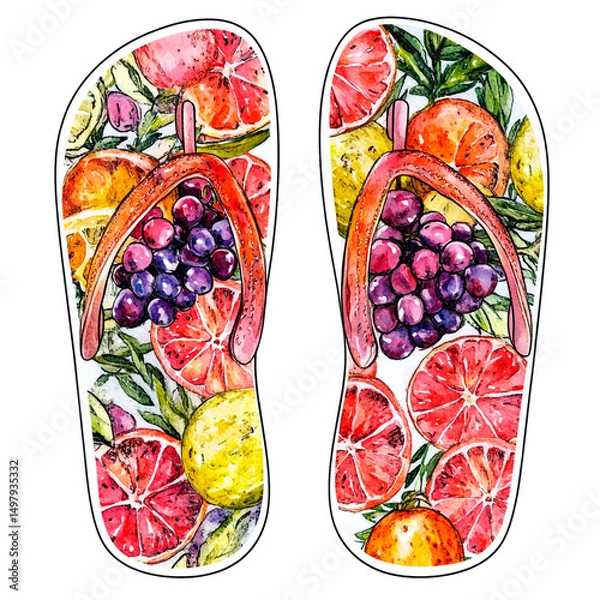 Obraz A pair of summer beach flip-flops on a transparent background with bright print of tropical fruits. Watercolor clipart illustration, close-up top view.