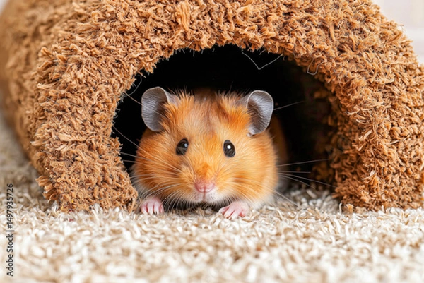 Fototapeta A golden-brown hamster peeks out from a textured, brown tunnel. Its large, dark eyes and tiny paws are visible, set against a soft, beige carpet.