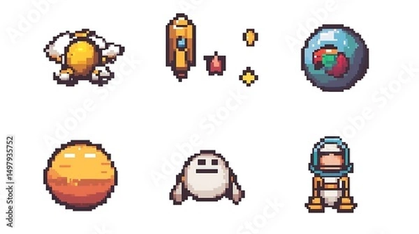 Obraz Collection of pixel art space themed sprites including an astronaut and various planets and objects