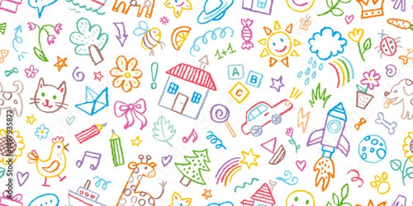 Fototapeta Kid pattern, baby background. Crayon seamless bg. Cute hand drawn children pattern with house school cloud flower rainbow sun tree cat. Summer color sketch background. Pencil crayon preschool scribble