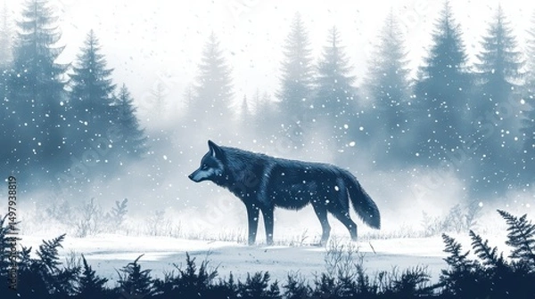 Fototapeta Majestic Wolf Stands in Tranquil Winter Landscape Surrounded by Snow-Covered Trees and a Misty Atmosphere, Evoking a Sense of Wilderness and Mystery