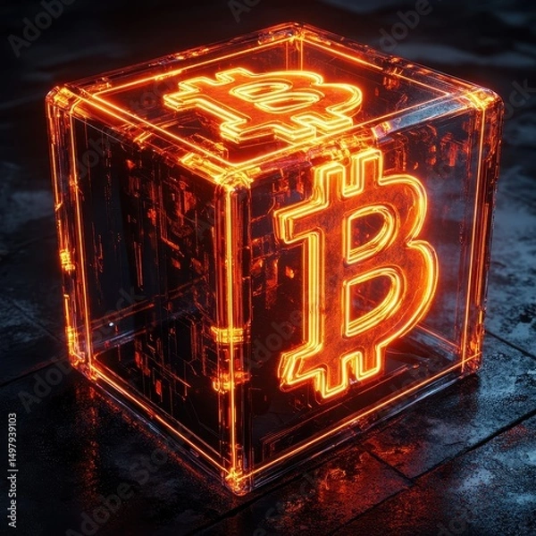 Fototapeta Futuristic Neon Cryptocurrency Cube with Glowing Bitcoin Symbol in High-Tech Digital Environment, Perfect for Illustrating Blockchain and Finance Themes