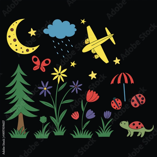 Obraz Children's drawing, graphic collection of little artists, high detail strokes. Children's drawing, cute doodles, kindergarten or elementary school level drawing. Vector graphic set, cute illustrations