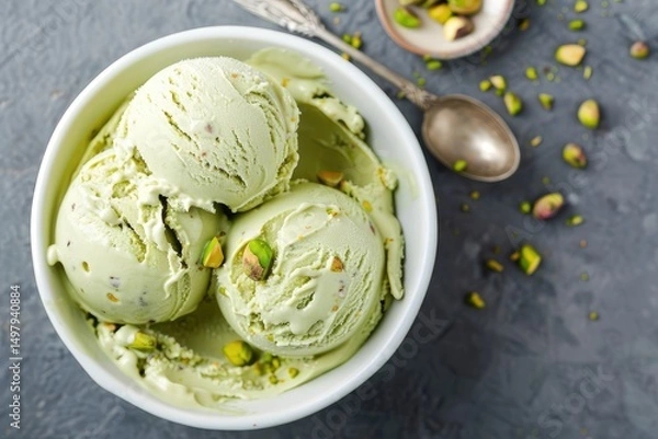 Fototapeta A bowl of rich pistachio ice cream with a spoon inside