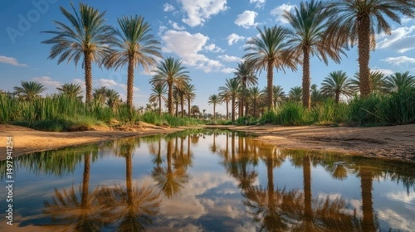 Obraz Desert oasis palm trees reflected in tranquil water