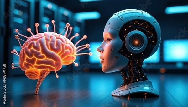 Fototapeta human brain placed on a table,  symbolizing a connection or data exchange between the brain and the robot inside a modern computer center, with several monitors and servers