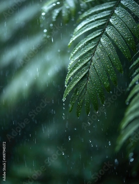 Obraz Heavy tropical rain falling on lush green foliage