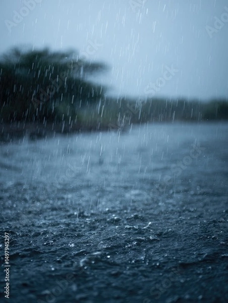 Obraz Heavy monsoon rains falling on a flooded landscape