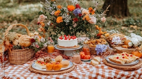 Fototapeta Autumn picnic with park, food, and flowers.