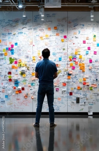 Obraz A person stands thoughtfully in front of a vibrant wall covered in colorful sticky notes and handwritten ideas, embodying the essence of collaboration and creativity in brainstorming.
