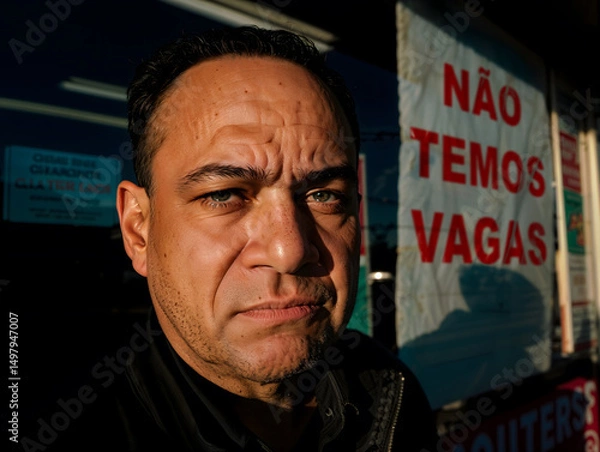 Obraz Unemployed Brazilian man, sad, standing in front of a store with a sign that reads: "Não temos vagas" – AI-generated image