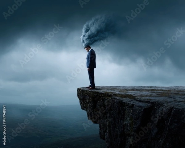 Obraz A businessman stands on the precipice, lost in thought as swirling clouds emerge from his head, symbolizing the weight of contemplation and the burden of decisions.