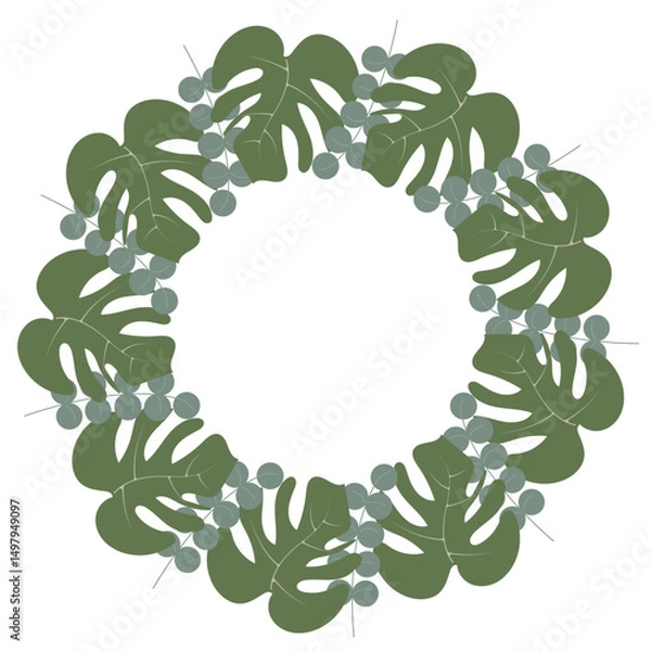 Obraz Round tropical border featuring lush jungle foliage. Ideal for invitations, cards, covers, and banners. Vector illustration with vibrant tropical leaves and plants