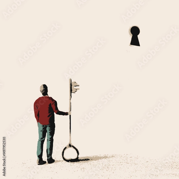 Obraz Person Holding a Giant Key Facing a High Lock – Symbolic Illustration of Challenge and Possibility