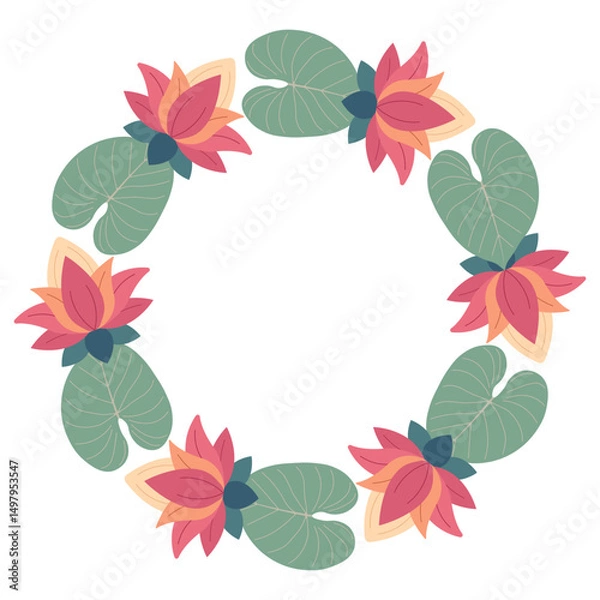 Obraz Jungle-inspired round frame decorated with tropical leaves and lush foliage, lotus. Perfect for invitations, covers, banners, and greeting cards. Vector tropical nature scene
