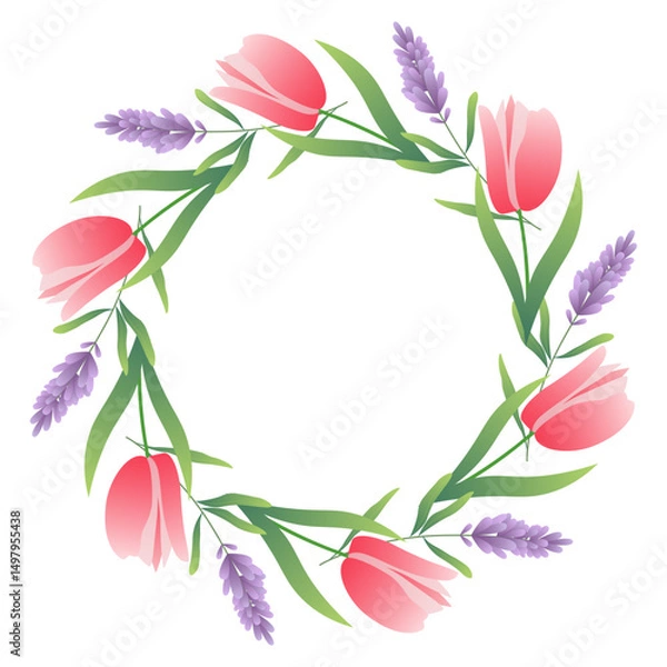 Obraz Circular plant-themed frame with vibrant green leaves and flowers tulip and lavender. Abstract botanical design suitable for banners, invitations, and greeting cards. Vector vector art