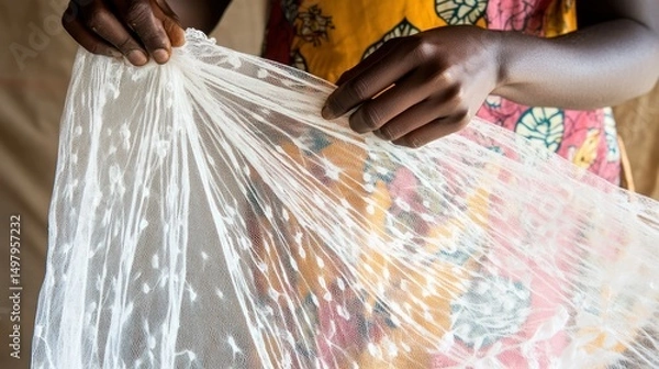 Obraz Dark-skinned person holding a light mesh mosquito net for malaria protection.
