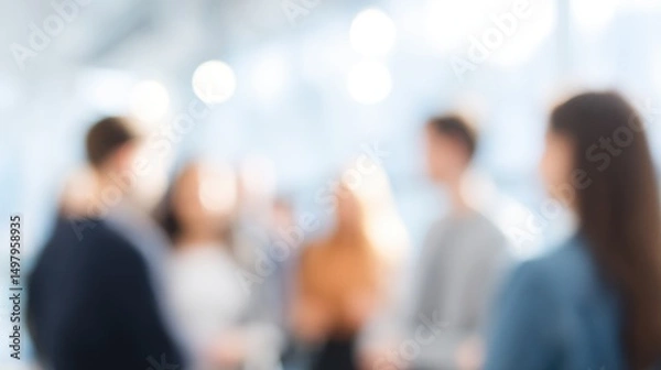 Fototapeta team building setting with variety of people in blurred background promoting dialog and cooperation minimalistic elements