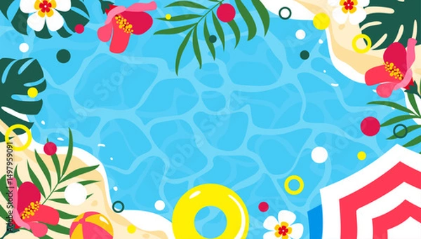 Fototapeta Summer background frame with sea, foliage, sand and flowers in vector, flat style.