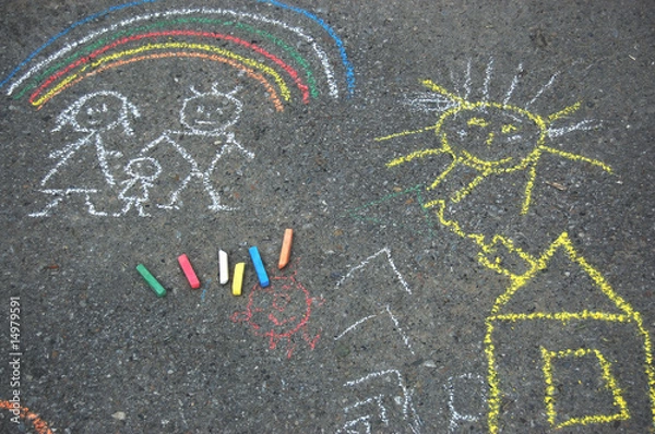Obraz Family , rainbow , sun and house. Picture on asphalt