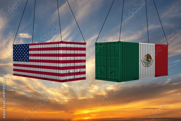 Obraz The concept of USA and Mexico export-import, container transporting and delivery of goods.The transporting container with the national flag of USA and Mexico, view front. Competition between countries