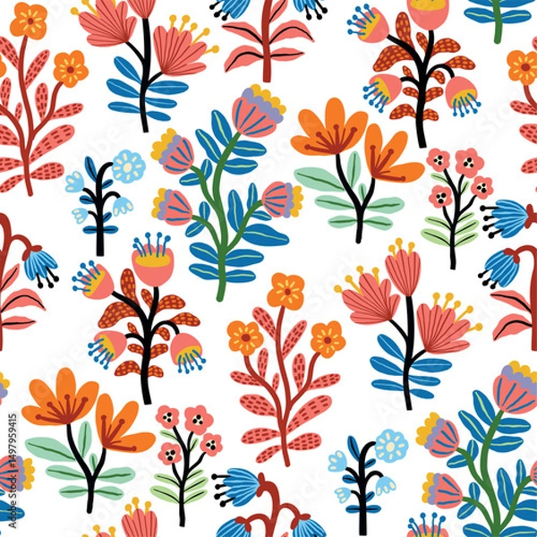 Obraz Seamless floral pattern with delicate hand-drawn modern flowers. Vintage pastel color palette. Ideal for fabric, wallpaper, stationery, packaging, and surface design.
