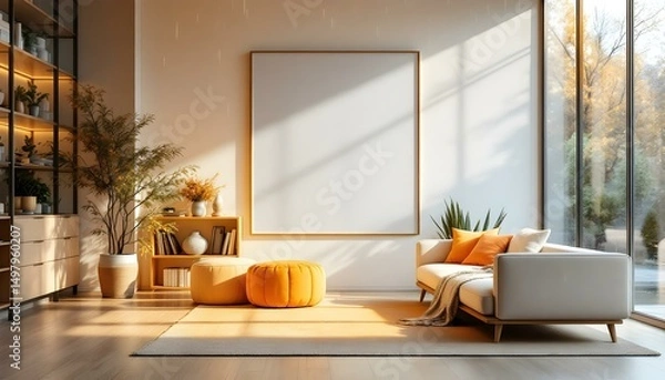 Obraz Bright and airy living room with a large white canvas wall, Scandinavian furniture, light wood flooring, and soft pastel accents 