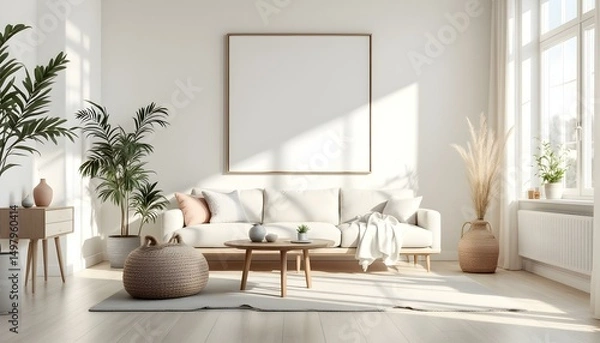 Obraz Bright and airy living room with a large white canvas wall, Scandinavian furniture, light wood flooring, and soft pastel accents 