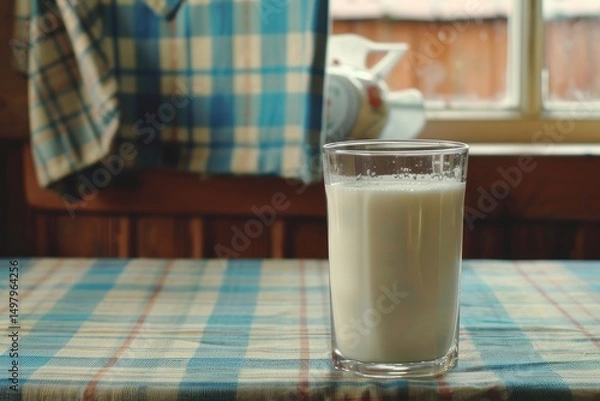 Fototapeta A glass of cold milk is poured into a beautiful glass on a lovely rustic table setting