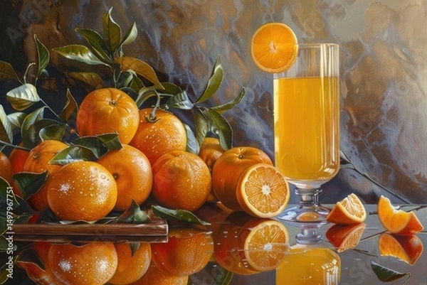 Fototapeta A painting highlighting vibrant oranges and a glass of juice