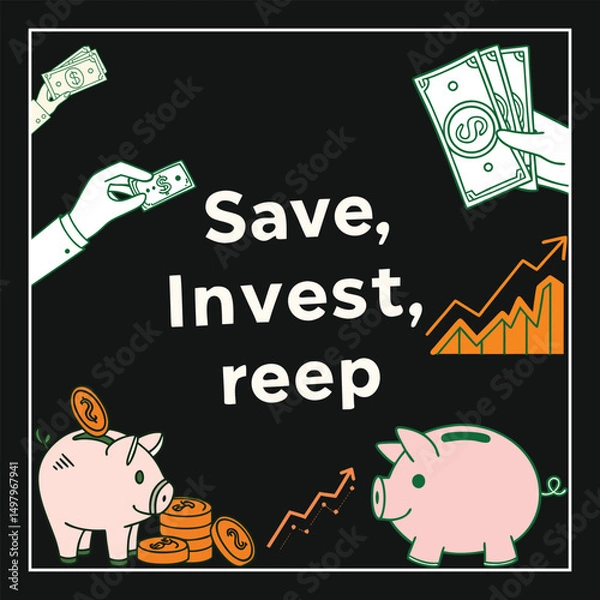 Obraz Money halftone art collage cut outs set. Paper clippings, hands holding dollar bills, coins, piggy bank stickers with vintage dotted texture and doodles. Modern retro mixed media vector illustration