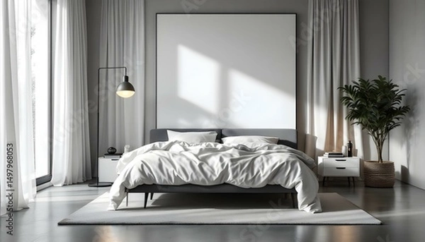 Obraz Cozy minimalist bedroom featuring a white canvas backdrop, sleek modern bed, monochrome decor, and warm ambient lighting.