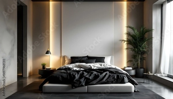 Obraz Cozy minimalist bedroom featuring a white canvas backdrop, sleek modern bed, monochrome decor, and warm ambient lighting.