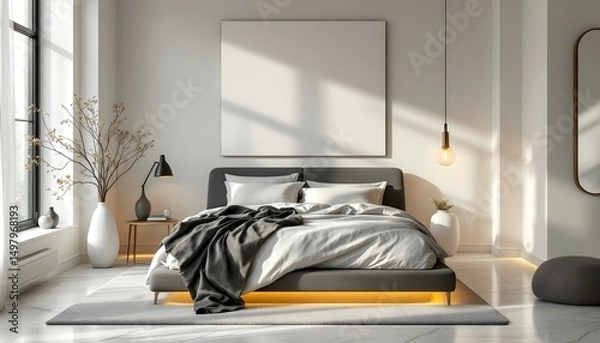 Obraz Cozy minimalist bedroom featuring a white canvas backdrop, sleek modern bed, monochrome decor, and warm ambient lighting.
