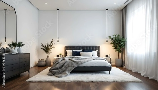 Obraz Cozy minimalist bedroom featuring a white canvas backdrop, sleek modern bed, monochrome decor, and warm ambient lighting.