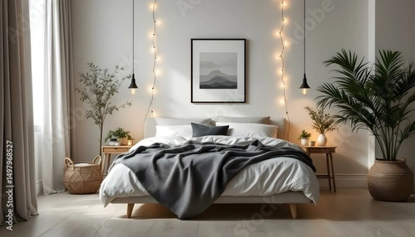 Obraz Cozy minimalist bedroom featuring a white canvas backdrop, sleek modern bed, monochrome decor, and warm ambient lighting.