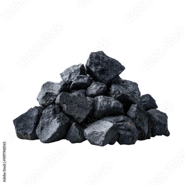 Obraz A small pile of dark grey, irregularly shaped rocks, possibly coal, rests on a black background, showcasing their rough textures and varied sizes
