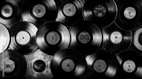 Fototapeta A collection of vintage vinyl records is arranged beautifully, showcasing various labels and artists. The use of black and white highlights the classic appeal and nostalgia of music history