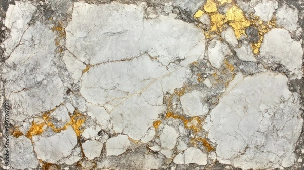 Obraz White and gray marble stone with gold accents and cracks texture background.