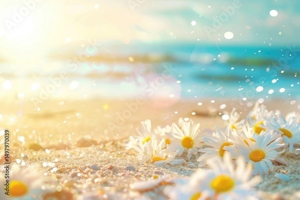 Fototapeta A bunch of lively daisies lay in the soft sand by the ocean