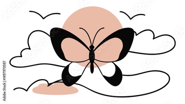Obraz Butterfly Silhouette with Sun and Clouds