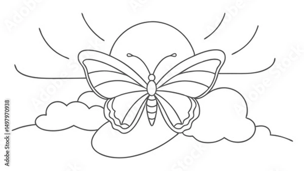Obraz Butterfly Silhouette with Sun and Clouds