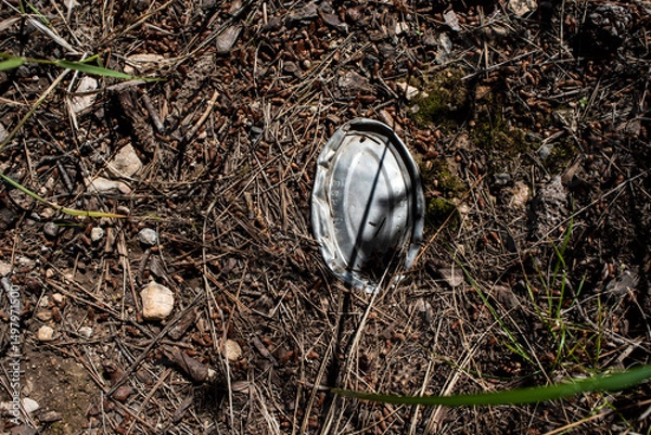 Obraz Old tin can half buried in the ground