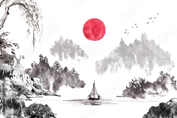 Fototapeta Watercolor and ink painting of a calm mountain scene with a red sun