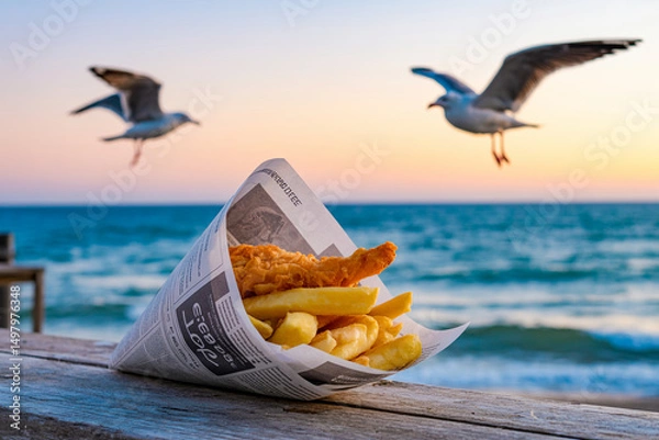 Fototapeta Crispy fish and chips in newspaper cone on rustic wood by ocean at sunset with seagulls, warm golden lighting and nostalgic seaside mood


