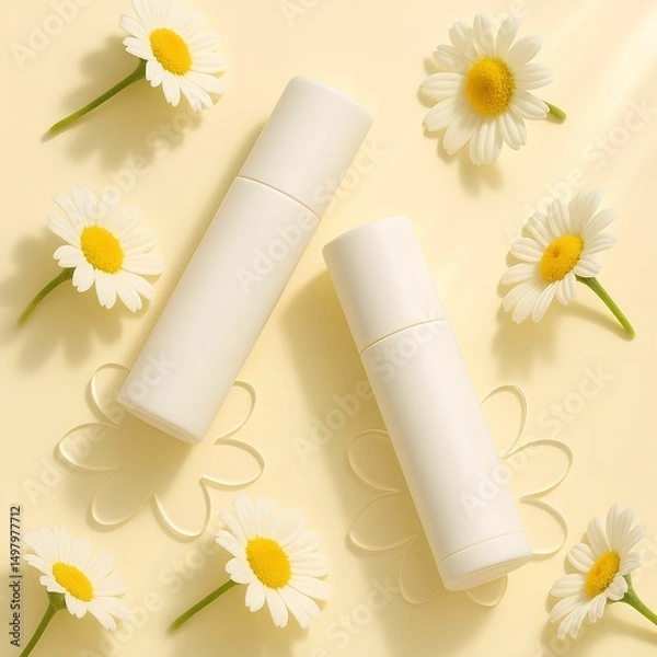 Obraz Skincare Product Mockup with Chamomile Flowers on Yellow Background - Natural Beauty and Cosmetic Branding Scene