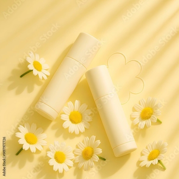 Obraz Skincare Product Mockup with Chamomile Flowers on Yellow Background - Natural Beauty and Cosmetic Branding Scene